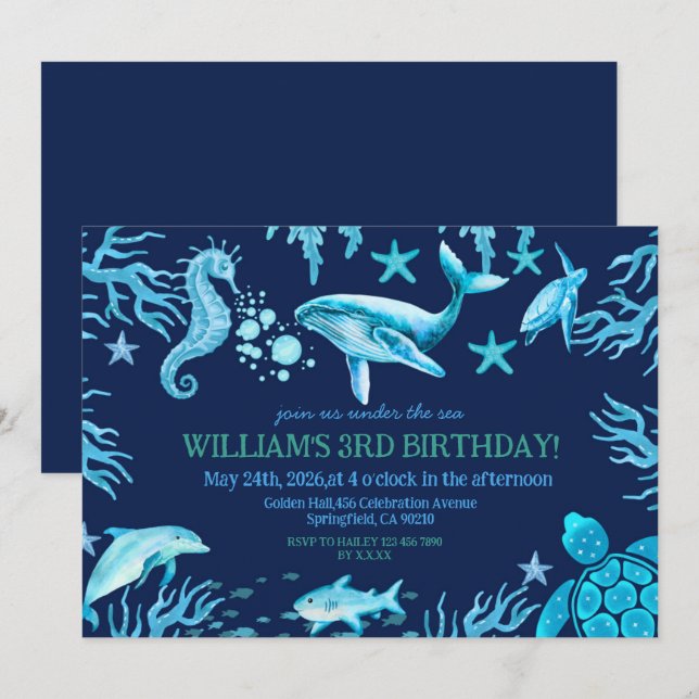 Invitation d'anniversaire sous la mer, garçon océa (Devant / Derrière)
