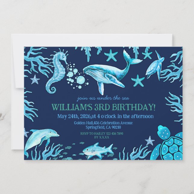 Invitation d'anniversaire sous la mer, garçon océa (Devant)