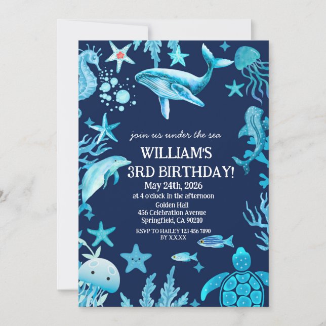 Invitation d'anniversaire sous la mer, garçon océa (Devant)