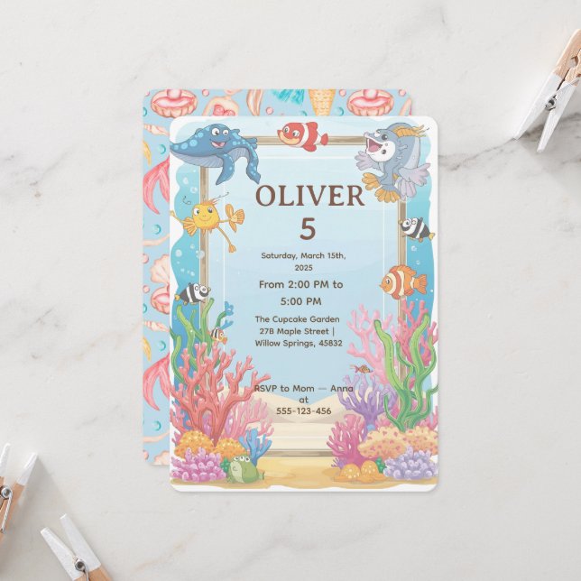 Invitation d'anniversaire sous la mer, Oliver 4 an (Devant/Arrière en situation)