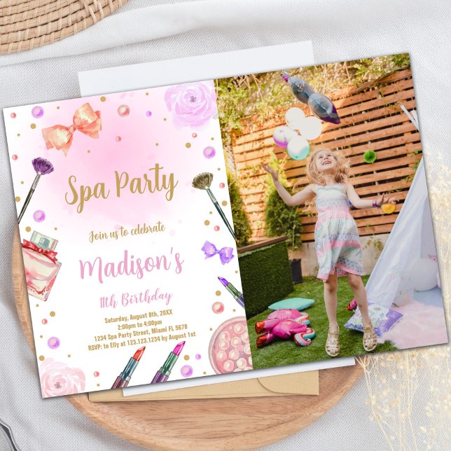 Invitation d'anniversaire spa avec photo (Purple Spa Birthday Invitations with photo)