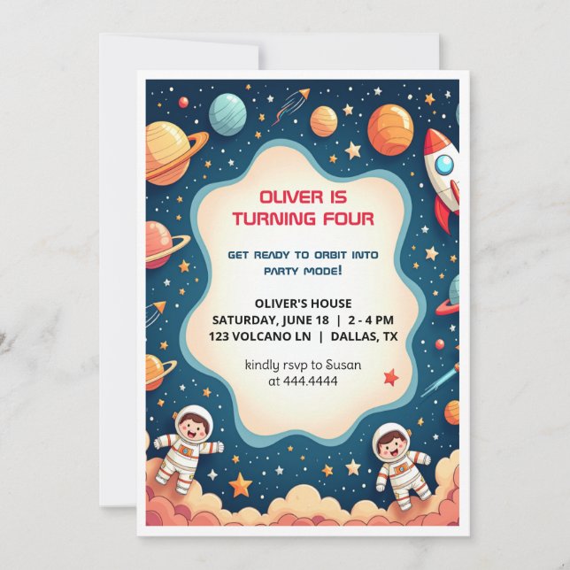 Invitation d'anniversaire Space Boy Astronaut Cart (Devant)