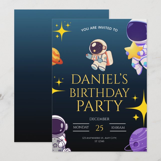 Invitation d'anniversaire spatiale pour enfants, (Devant / Derrière)