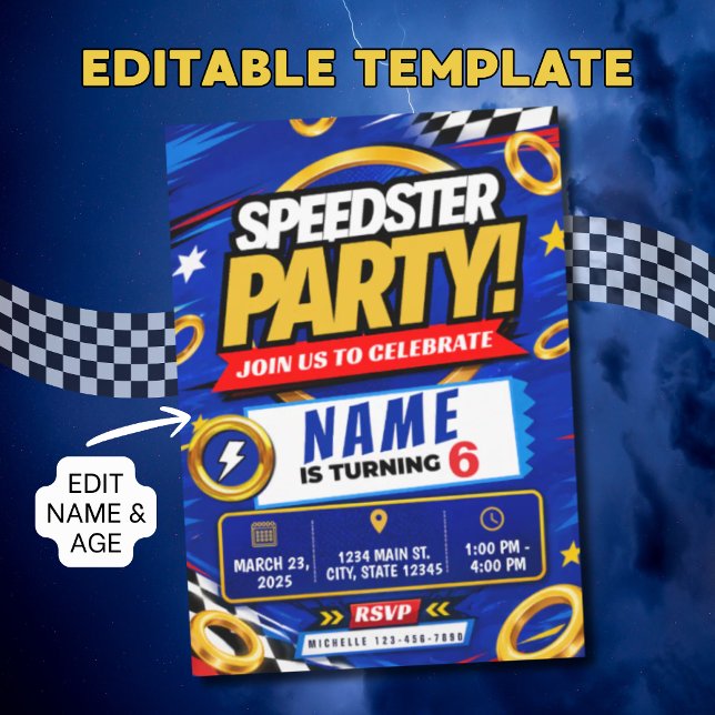 Invitation d'anniversaire Speedster Racing (Créateur téléchargé)