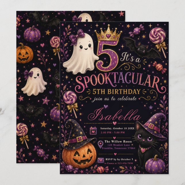 Invitation d'anniversaire Spooktacular 5 ans (Devant / Derrière)