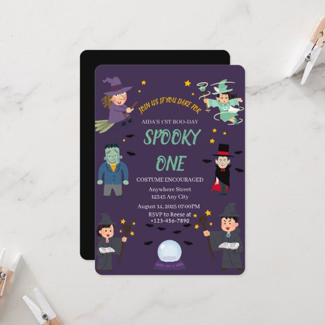 Invitation d'anniversaire Spooky one (Devant/Arrière en situation)