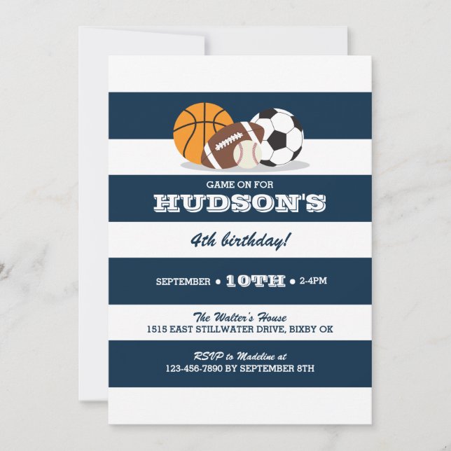 Invitation d'anniversaire sportif - Baseball, Foot (Devant)