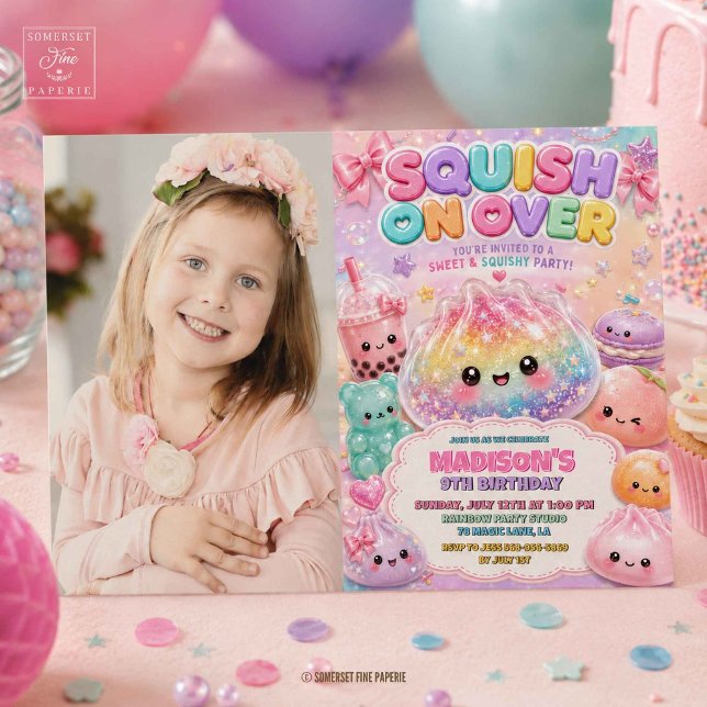 Invitation d'anniversaire Squishies Dumpling Paill (Rainbow Glitter Dumpling Squishies Birthday Party Invitation
)