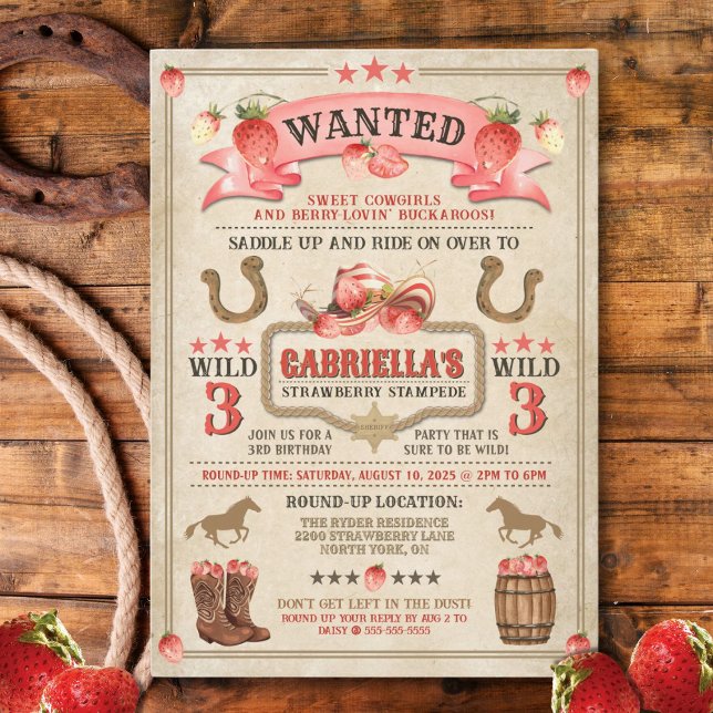 Invitation d'anniversaire Strawberry Stampede (Berry-sweet Wild West invitation featuring strawberries, cowgirl charm, and rustic fun!)