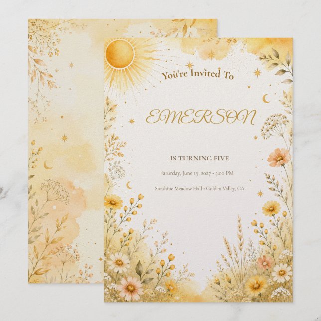Invitation d'anniversaire Sunshine | Boho Chic Sun (Devant / Derrière)