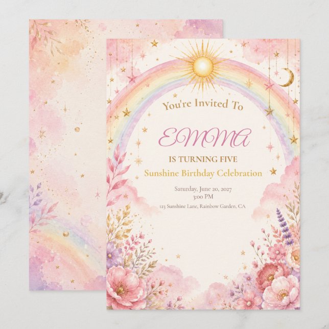 Invitation d'anniversaire Sunshine | Boho pastel r (Devant / Derrière)