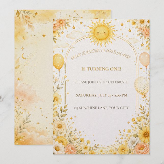Invitation d'anniversaire Sunshine | Notre petit S (Devant / Derrière)