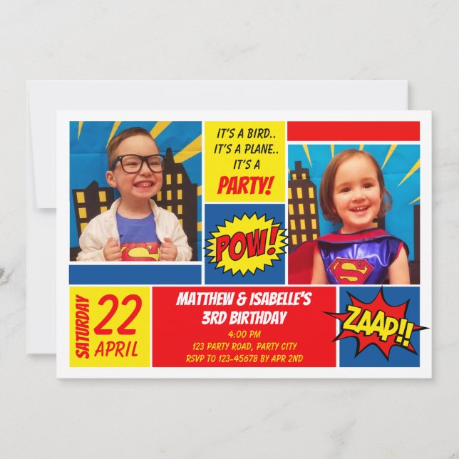 Invitation d'anniversaire Superhero (jumeaux) (Devant)