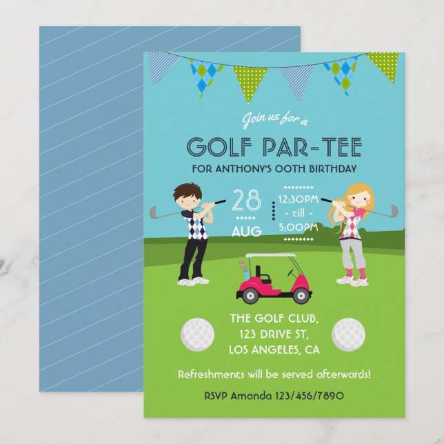 Invitation d'anniversaire sur le thème de golf pou (Devant / Derrière)