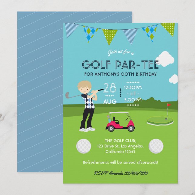 Invitation d'anniversaire sur le thème de golf pou (Devant / Derrière)