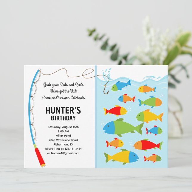 Invitation d'anniversaire sur le thème de la pêche (Debout devant)