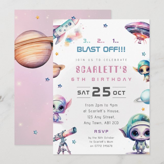 Invitation d'anniversaire sur le thème de l'alien  (Devant / Derrière)