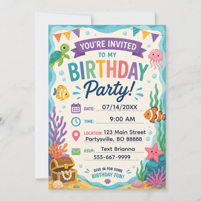 Invitation d'anniversaire sur le thème de l'océan  (Devant)