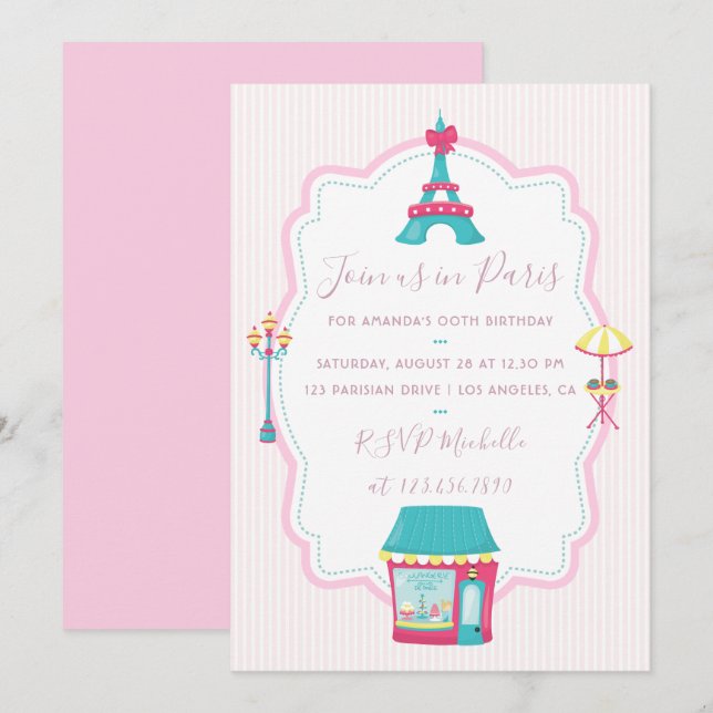Invitation d'anniversaire sur le thème de Paris ro (Devant / Derrière)