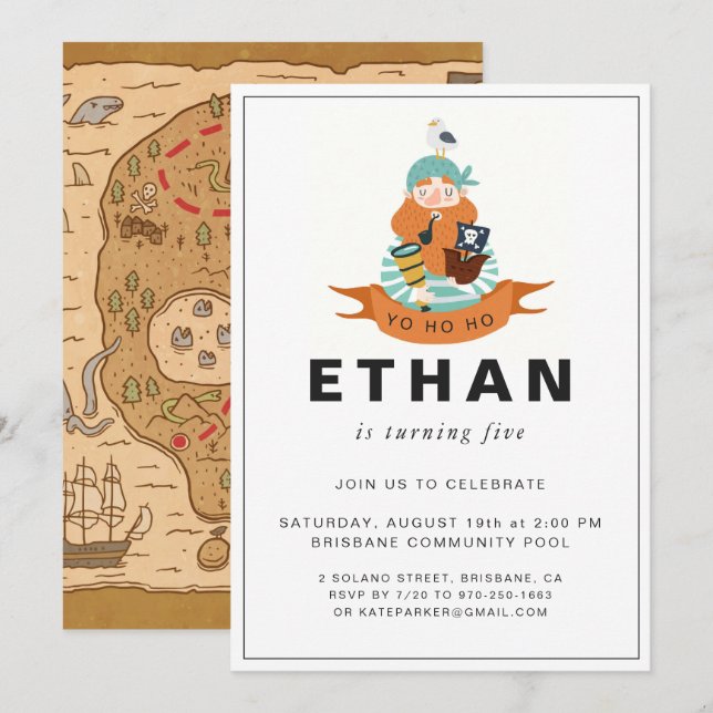Invitation d'anniversaire sur le thème des pirates (Devant / Derrière)