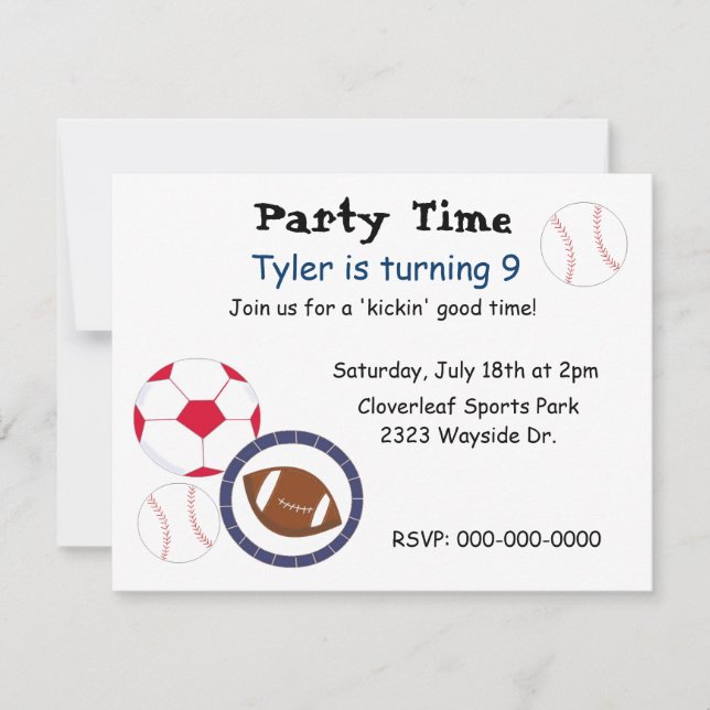 Invitation d'anniversaire sur le thème des sports (Devant)