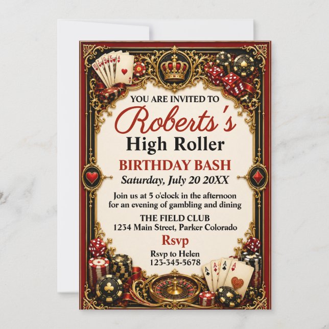 Invitation d'anniversaire sur le thème du casino,  (Devant)