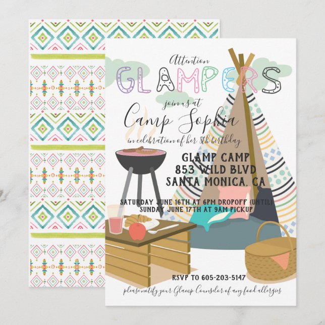 Invitation d'anniversaire sur le thème du Glamping (Devant / Derrière)