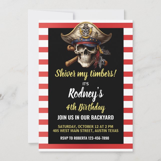 Invitation d'anniversaire sur le thème pirate Shiv (Devant)
