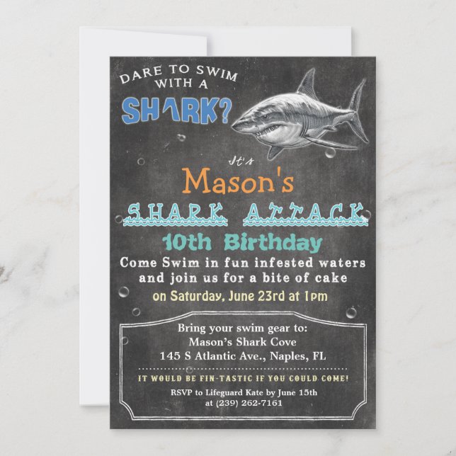 Invitation d'anniversaire sur tableau craie Requin (Devant)