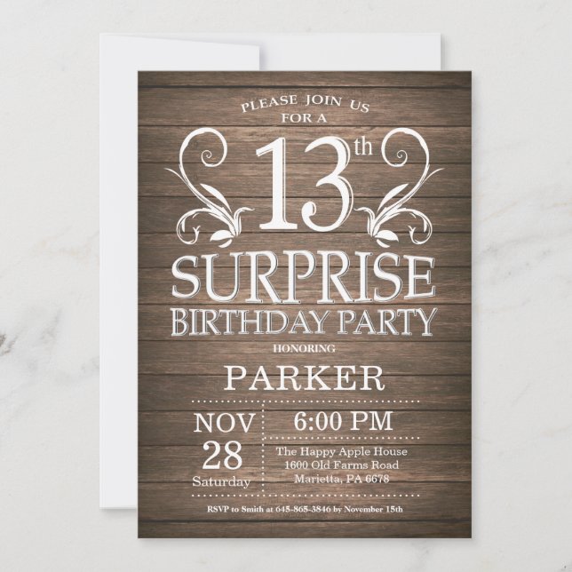 Invitation d'anniversaire surprise 13 ans Bois rus (Devant)