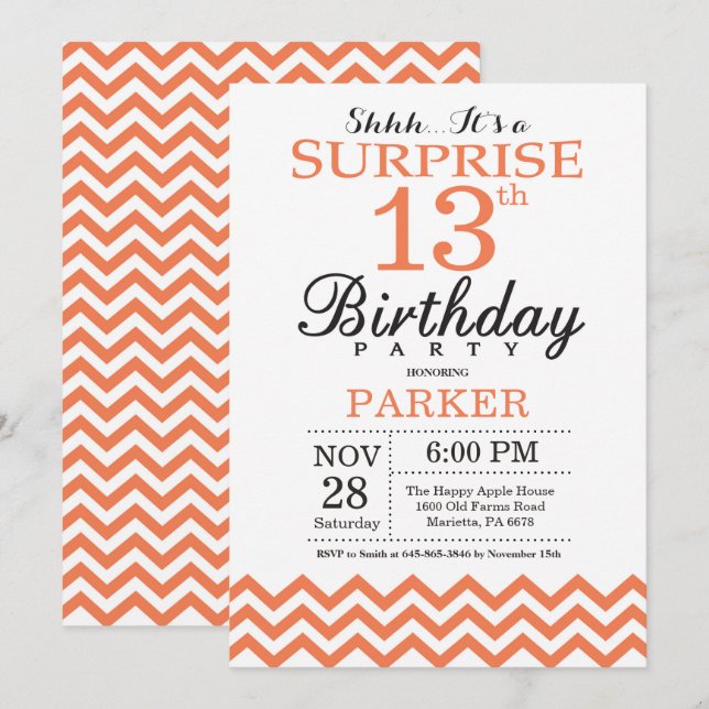 Invitation d'anniversaire surprise 13 ans Coral Ch (Devant / Derrière)