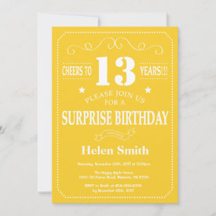 Invitation d'anniversaire surprise 13 ans jaune et