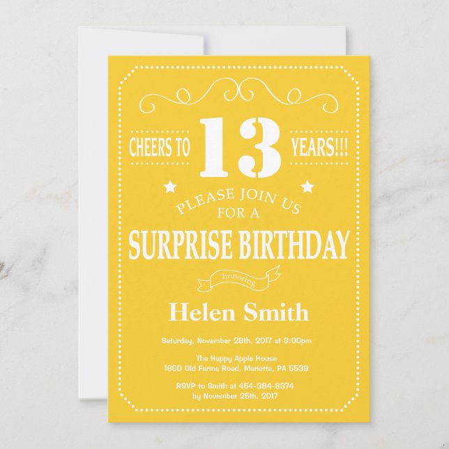 Invitation d'anniversaire surprise 13 ans jaune et (Devant)