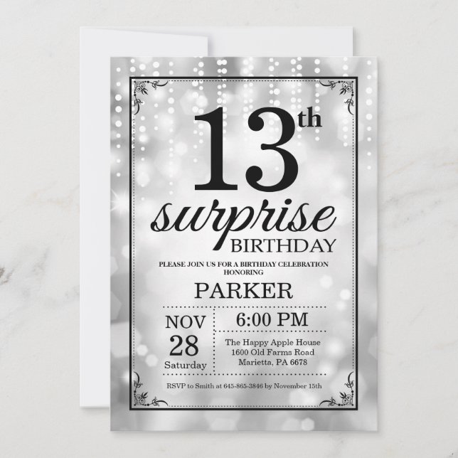 Invitation d'anniversaire surprise 13 ans paillett (Devant)