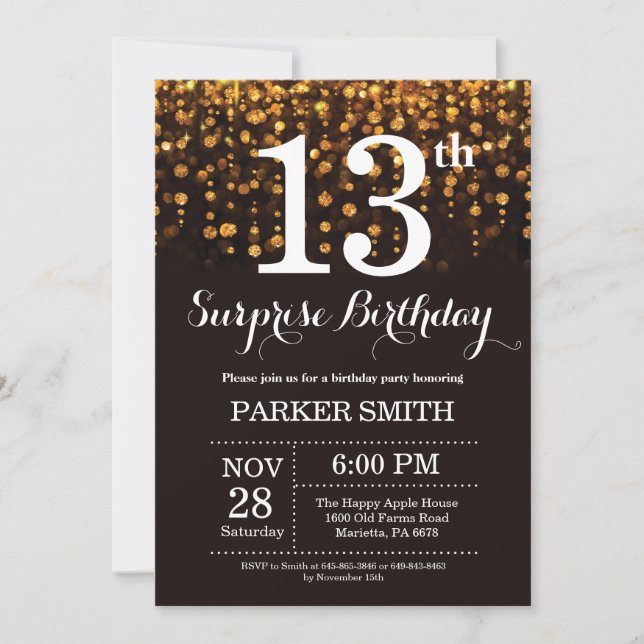 Invitation d'anniversaire surprise 13 ans paillett (Devant)
