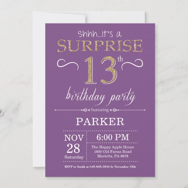 Invitation d'anniversaire surprise 13 ans Violet e (Devant)