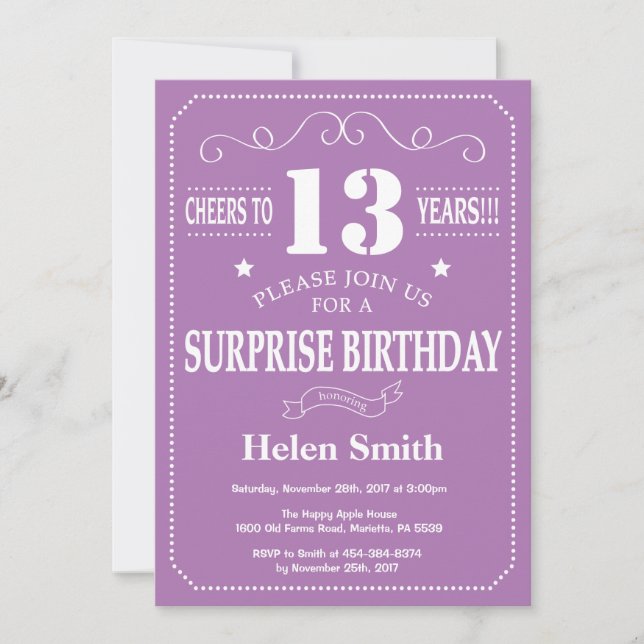 Invitation d'anniversaire surprise 13 ans Violet e (Devant)
