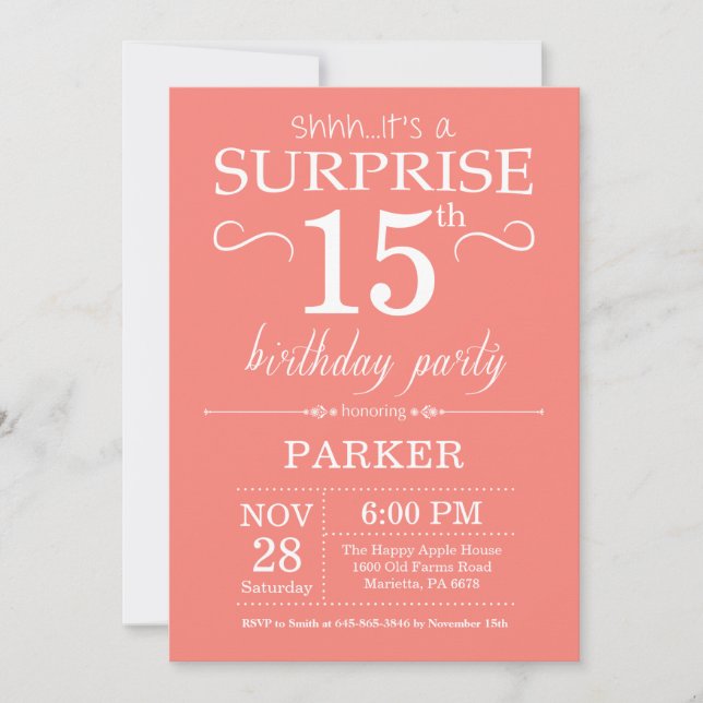 Invitation d'anniversaire surprise 15 ans Corail (Devant)