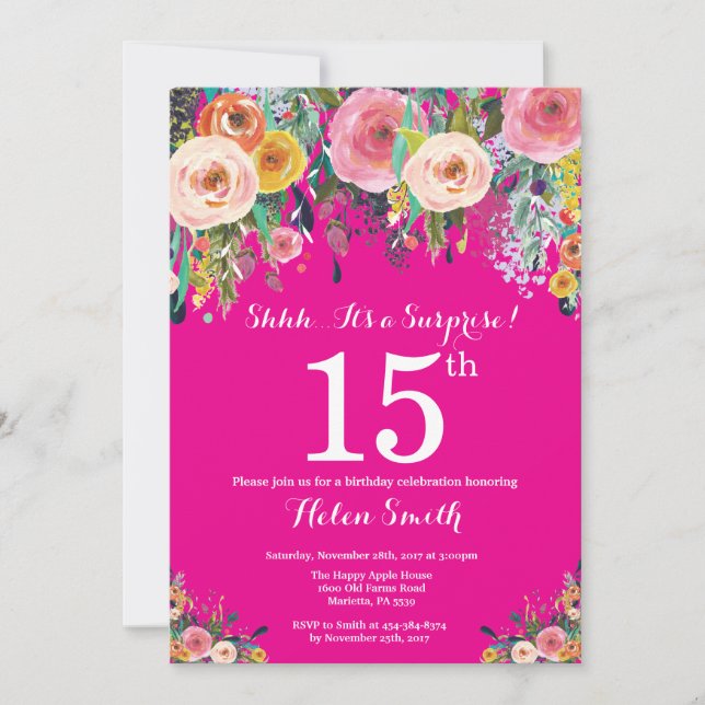 Invitation d'anniversaire surprise 15 ans Fleur ro (Devant)