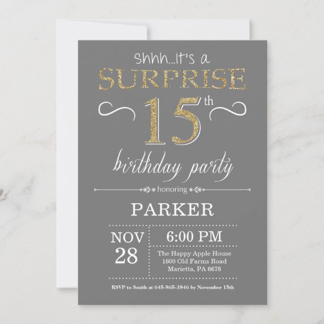 Invitation d'anniversaire surprise 15 ans gris et  (Devant)