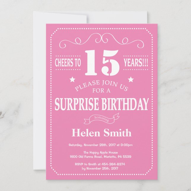 Invitation d'anniversaire surprise 15 ans rose et  (Devant)