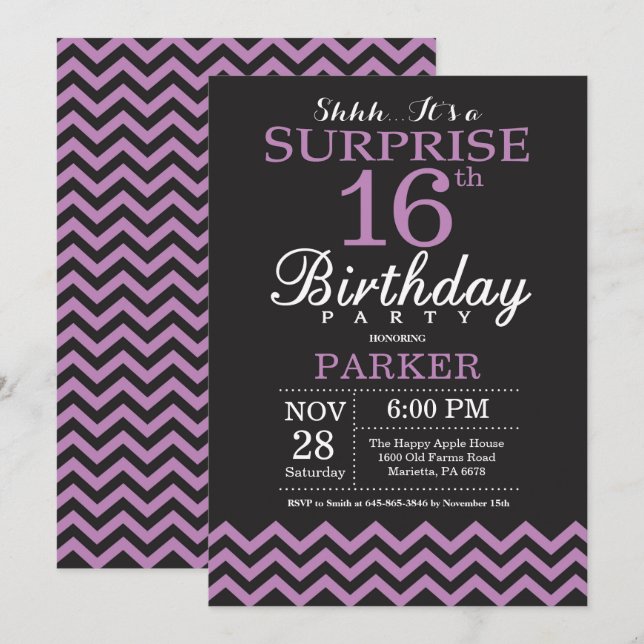 Invitation d'anniversaire surprise 16 ans noir et  (Devant / Derrière)