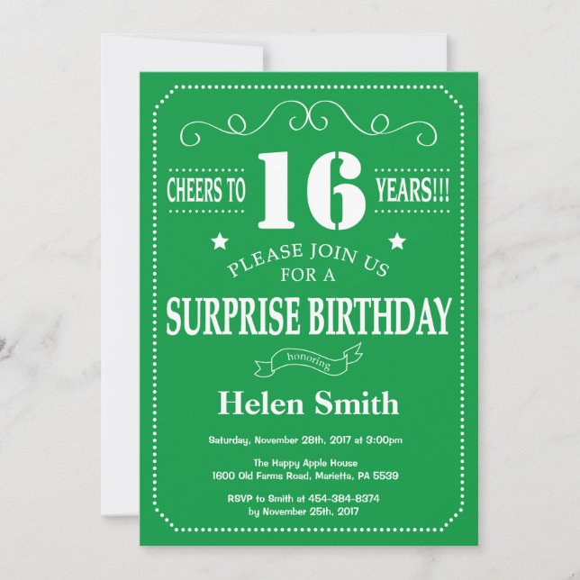 Invitation d'anniversaire surprise 16 ans vert et  (Devant)