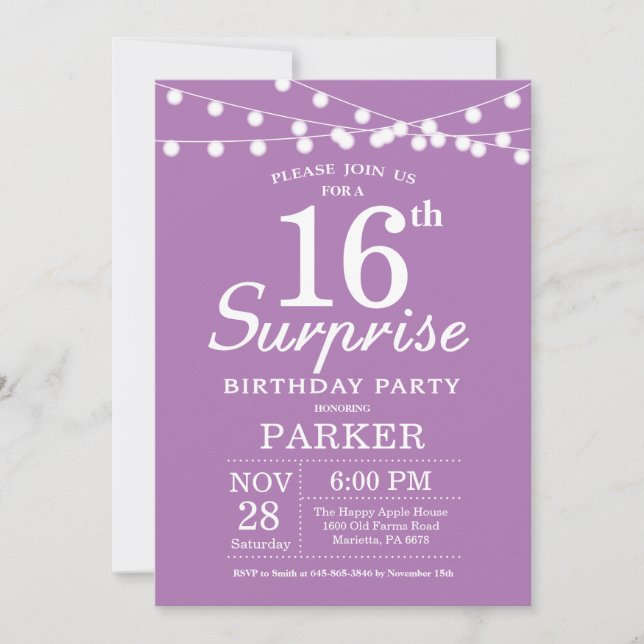 Invitation d'anniversaire surprise 16 ans Violet L (Devant)