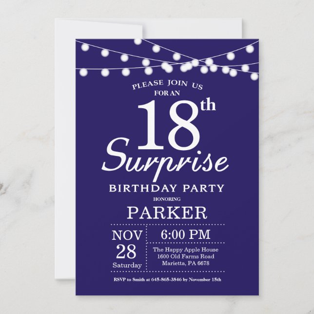 Invitation d'anniversaire surprise 18 ans Bleu mar (Devant)