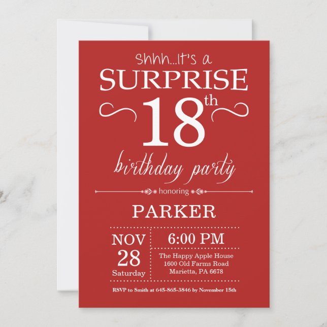 Invitation d'anniversaire surprise 18 ans Rouge (Devant)