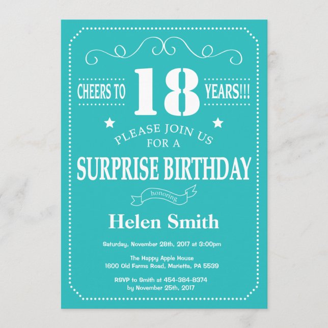 Invitation d'anniversaire surprise 18 ans sarcelle (Devant)