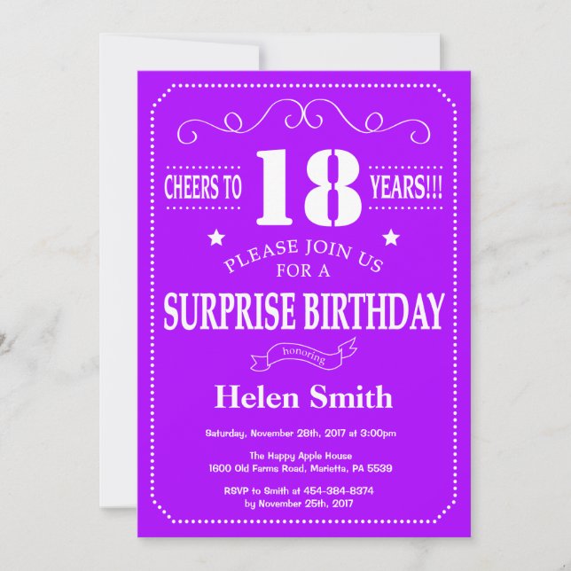 Invitation d'anniversaire surprise 18 ans violet e (Devant)