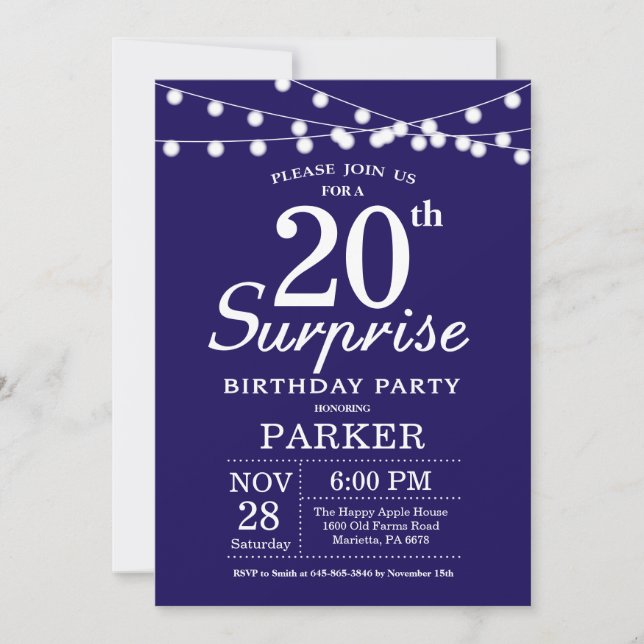 Invitation d'anniversaire surprise 20 ans Bleu mar (Devant)