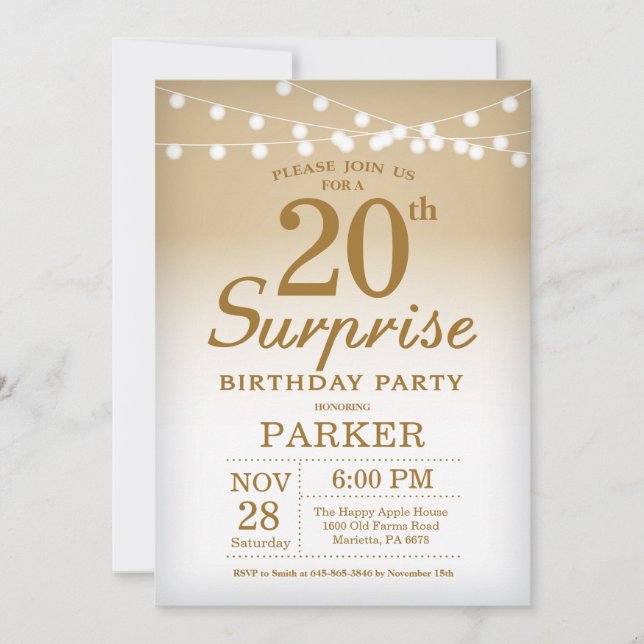 Invitation d'anniversaire surprise 20 ans en or (Devant)